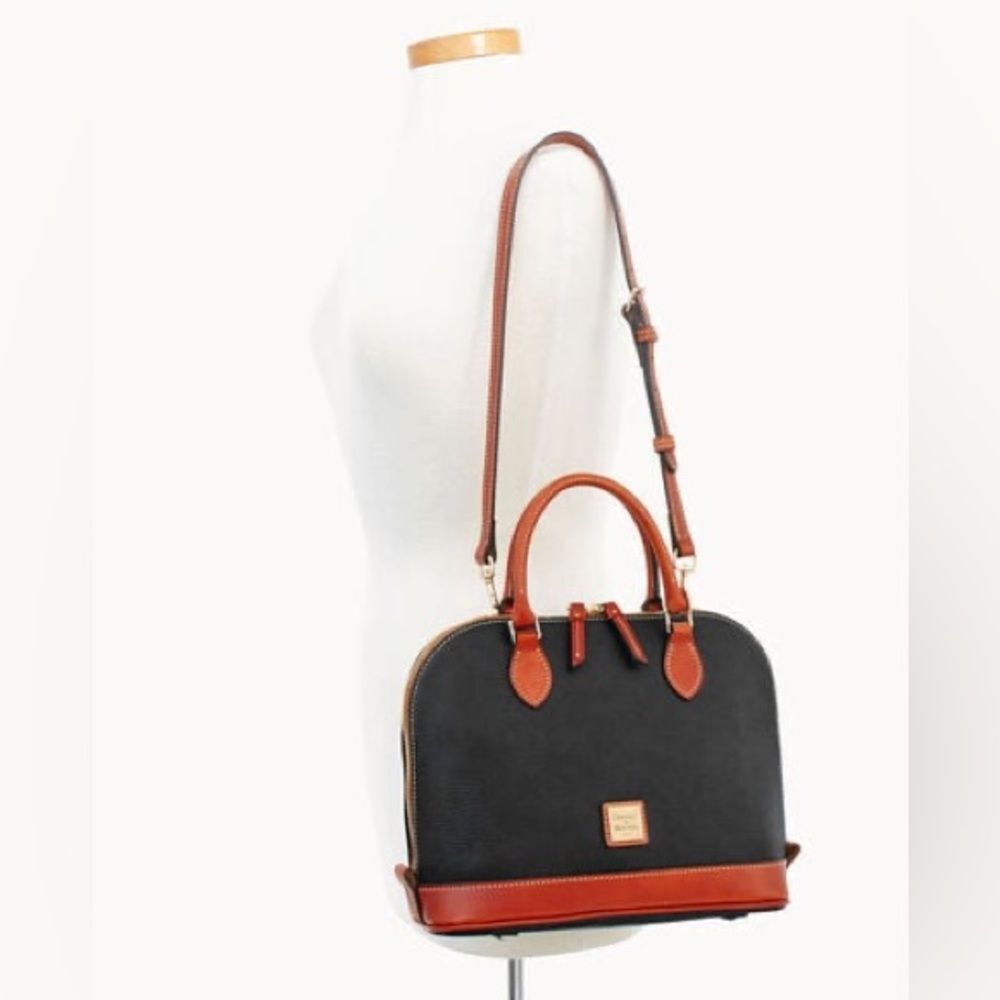 Dooney & Bourke Pebble Grain Zip Around Satchel Black & Cognac Brown Leather Bag - Picture 16 of 16